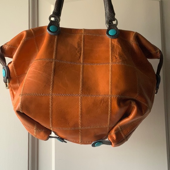 Don’t Worry Be Gabs Made In Italy Orange With Blue Snaps Handbag - Picture 6 of 11